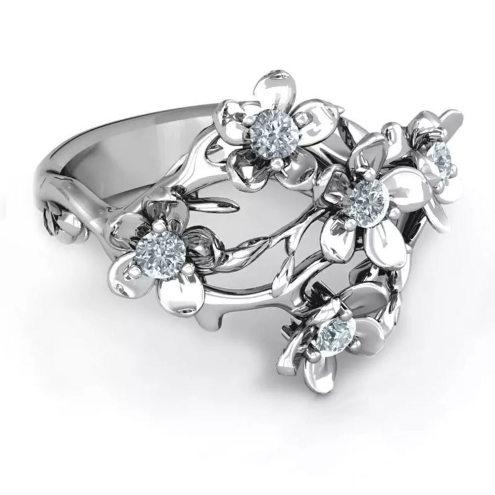 Plum Blossom Silver Flower Ring with Cubic Zirconia Stones Multiple Sizes Avail